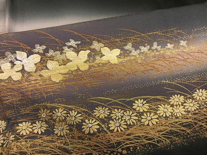 平和屋着物●訪問着 地紙花文 暈し染め 黒地 金彩 正絹 逸品 AABE1206ph