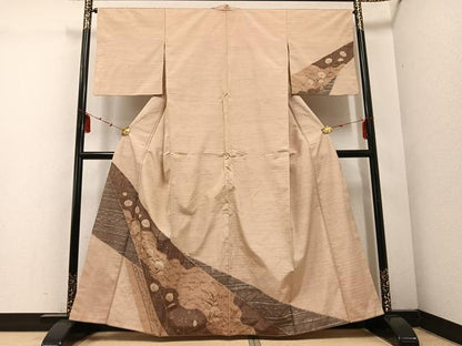 平和屋着物●訪問着　紬地　草花文　金銀彩　正絹　逸品　AABE1213ph