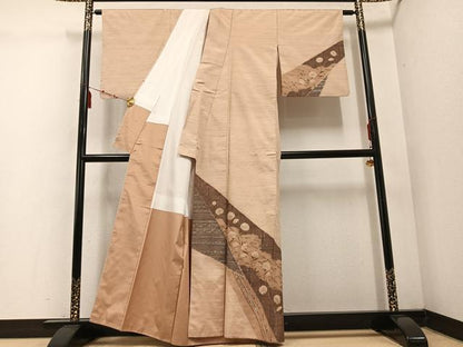 平和屋着物●訪問着　紬地　草花文　金銀彩　正絹　逸品　AABE1213ph