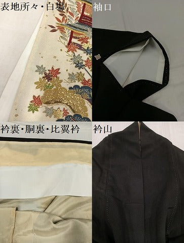 平和屋着物▼セミアンティーク　黒留袖　刺繍　松竹梅風景文　金彩　正絹　逸品　AABE1219ph