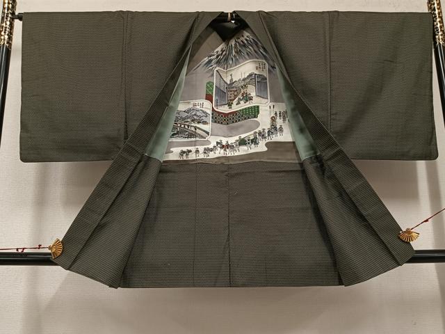 平和屋着物●男性　お召　アンサンブル　亀甲柄　正絹　逸品　AABE1233ph
