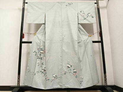 平和屋着物●訪問着　友禅　作家物　紬地　枝花文　正絹　逸品　AABE1267ph