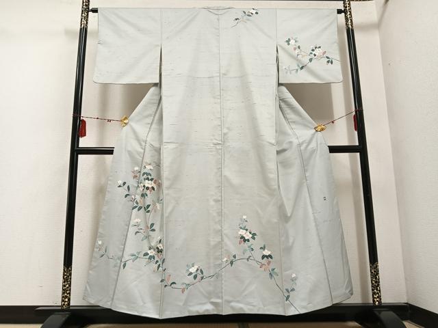 平和屋着物●訪問着　友禅　作家物　紬地　枝花文　正絹　逸品　AABE1267ph