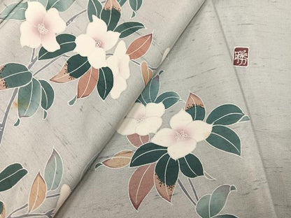 平和屋着物●訪問着　友禅　作家物　紬地　枝花文　正絹　逸品　AABE1267ph