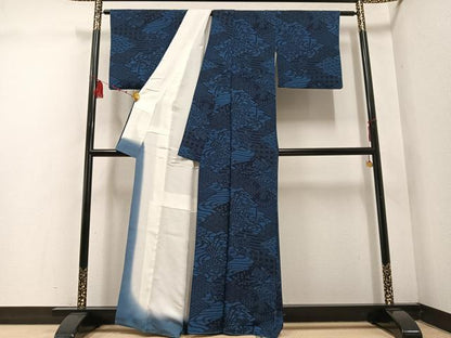 平和屋着物●本藍 型絵染 小紋 作家物 山岸 草花文 正絹 逸品 AABE1271ph