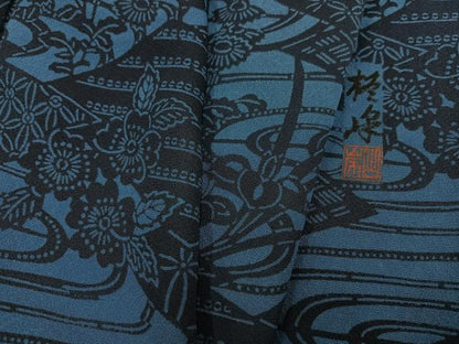 平和屋着物●本藍 型絵染 小紋 作家物 山岸 草花文 正絹 逸品 AABE1271ph