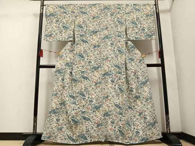 平和屋着物○上質な小紋 型染め 風景草花文 鬼しぼ縮緬 正絹