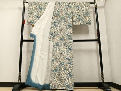 平和屋着物●上質な小紋　型染め　風景草花文　鬼しぼ縮緬　正絹　逸品　AABE1272ph