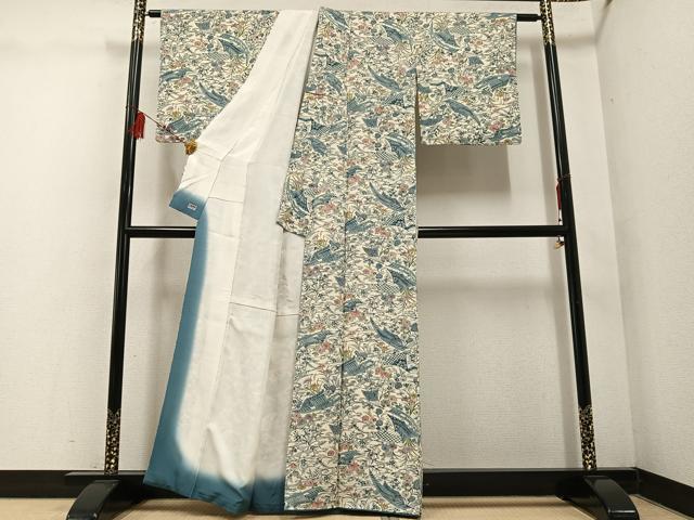 平和屋着物●上質な小紋　型染め　風景草花文　鬼しぼ縮緬　正絹　逸品　AABE1272ph