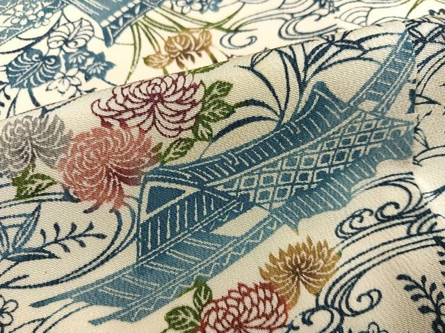 平和屋着物●上質な小紋　型染め　風景草花文　鬼しぼ縮緬　正絹　逸品　AABE1272ph
