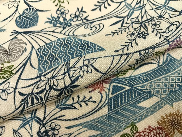 平和屋着物●上質な小紋　型染め　風景草花文　鬼しぼ縮緬　正絹　逸品　AABE1272ph