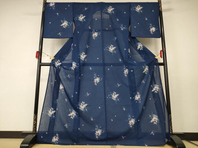 平和屋着物＊夏物 小紋 紗 飾花文 洗える着物 AABE1290jd