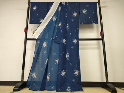 平和屋着物＊夏物 小紋 紗 飾花文 洗える着物 AABE1290jd