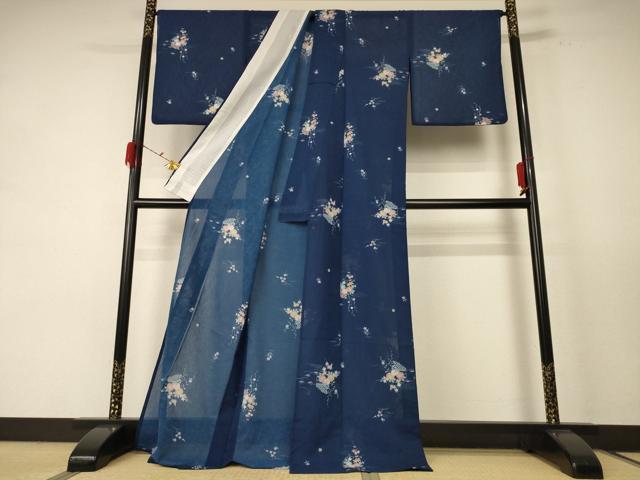 平和屋着物＊夏物 小紋 紗 飾花文 洗える着物 AABE1290jd