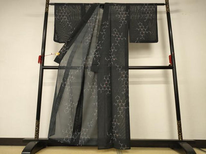 平和屋着物＊夏物 小紋 絽 亀甲文 洗える着物 AABE1291jd