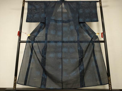 平和屋着物＊夏物 小紋 縦絽 草花文 正絹 逸品 AABE1298jd