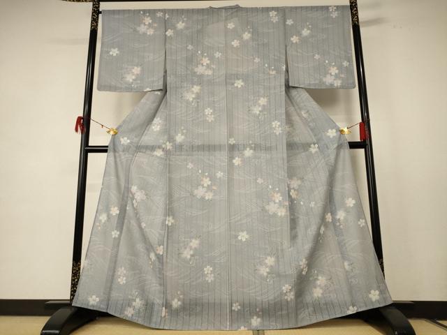 平和屋着物＊夏物　小紋　縦絽　流水草花文　洗える着物　AABE1378jd 平和屋着物＊夏物 小紋 縦絽 流水草花文 洗える着物 AABE1378jd