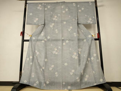 平和屋着物＊夏物 小紋 縦絽 流水草花文 洗える着物 AABE1378jd