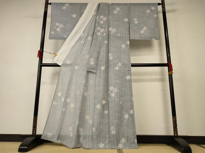 平和屋着物＊夏物 小紋 縦絽 流水草花文 洗える着物 AABE1378jd