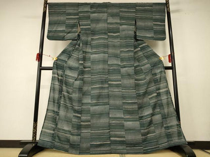 平和屋着物＊夏物 小紋 紗 横段文 洗える着物 AABE1382jd