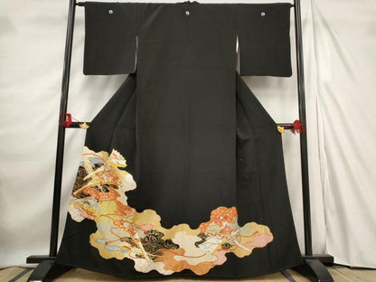 平和屋着物■豪華黒留袖　駒刺繍　吉祥扇面花文　金彩　正絹　逸品　AABE1475st