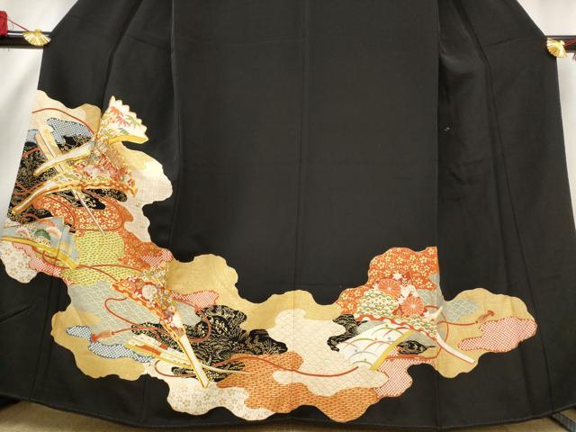 平和屋着物■豪華黒留袖　駒刺繍　吉祥扇面花文　金彩　正絹　逸品　AABE1475st
