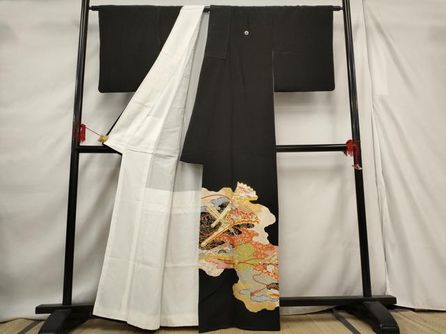 平和屋着物■豪華黒留袖　駒刺繍　吉祥扇面花文　金彩　正絹　逸品　AABE1475st