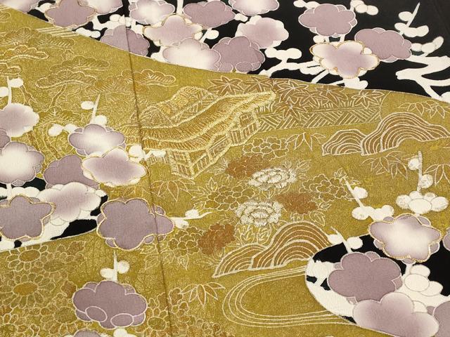 平和屋着物■豪華黒留袖　駒刺繍　風景枝花文　金彩　正絹　逸品　AABE1486st