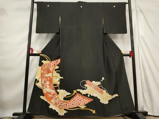 平和屋着物■豪華黒留袖　駒刺繍　草花文　絵巻　金彩　正絹　逸品　AABE1494st