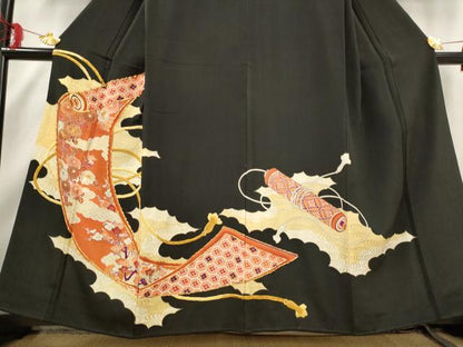 平和屋着物■豪華黒留袖　駒刺繍　草花文　絵巻　金彩　正絹　逸品　AABE1494st