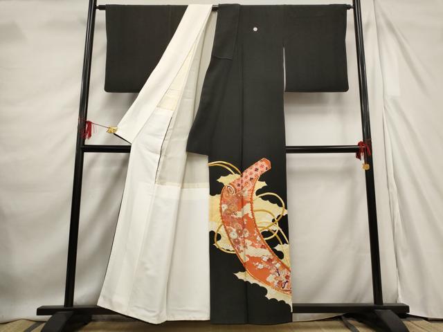 平和屋着物■豪華黒留袖　駒刺繍　草花文　絵巻　金彩　正絹　逸品　AABE1494st