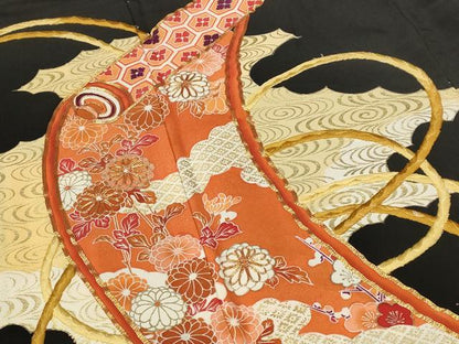 平和屋着物■豪華黒留袖　駒刺繍　草花文　絵巻　金彩　正絹　逸品　AABE1494st