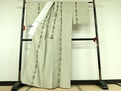 平和屋着物▽上質な紬 単衣 間道 ロング丈 正絹 逸品 AABE1562jh
