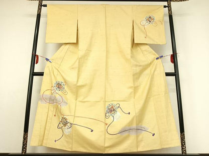 平和屋着物▽訪問着 単衣 紬地 正倉院花文 金彩 正絹 逸品 AABE1569jh
