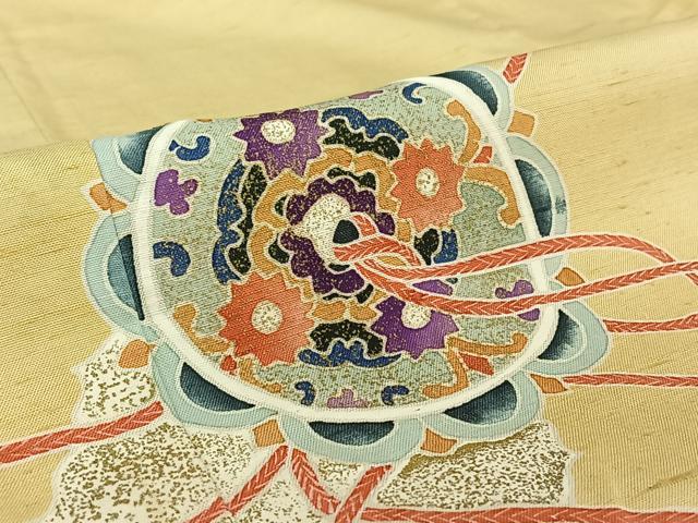 平和屋着物▽訪問着 単衣 紬地 正倉院花文 金彩 正絹 逸品 AABE1569jh