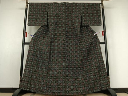 平和屋着物▽上質な紬 単衣 幾何学文様 正絹 逸品 AABE1570jh