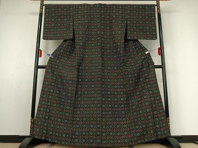 平和屋着物▽上質な紬 単衣 幾何学文様 正絹 逸品 AABE1570jh