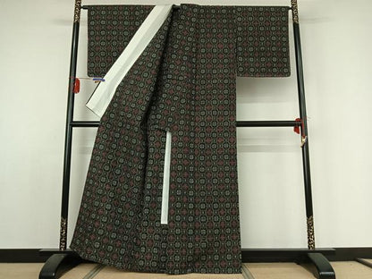 平和屋着物▽上質な紬 単衣 幾何学文様 正絹 逸品 AABE1570jh