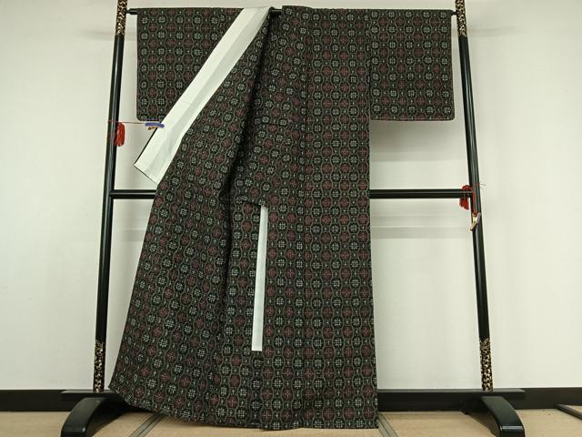 平和屋着物▽上質な紬 単衣 幾何学文様 正絹 逸品 AABE1570jh