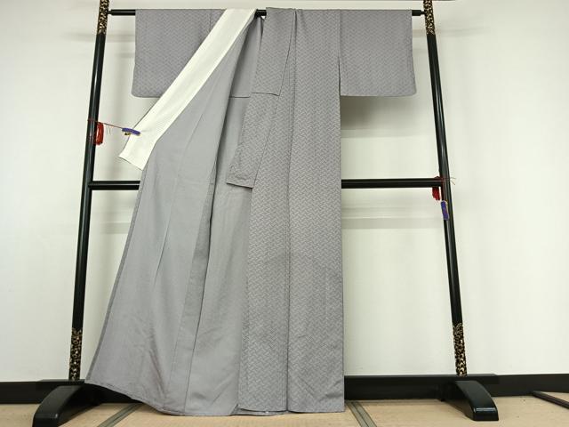 平和屋着物▽上質な色無地 単衣 網目地紋 白梅鼠色 正絹 逸品 AABE1576jh