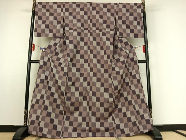 平和屋着物▽上質な紬　単衣　市松文様　正絹　逸品　AABE1584jh