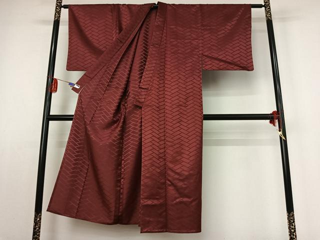 平和屋着物▽男性 色無地 単衣 檜垣地紋 浅蘇芳色 正絹 逸品 AABE1585jh