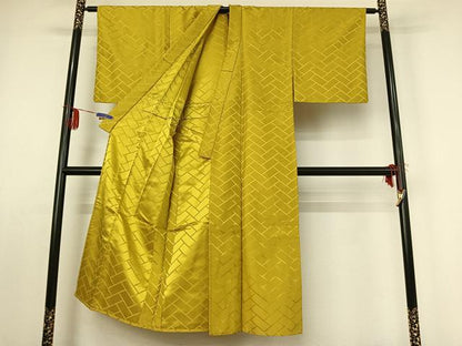 平和屋着物▽男性 単衣 檜垣地紋 金糸雀色 正絹 逸品 AABE1586jh