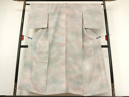 平和屋着物▽上質な小紋　単衣　草花文　暈し染め　鬼しぼ縮緬　正絹　逸品　AABE1587jh