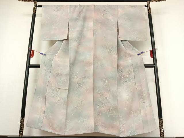平和屋着物▽上質な小紋　単衣　草花文　暈し染め　鬼しぼ縮緬　正絹　逸品　AABE1587jh