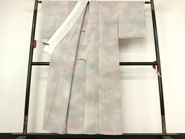 平和屋着物▽上質な小紋　単衣　草花文　暈し染め　鬼しぼ縮緬　正絹　逸品　AABE1587jh