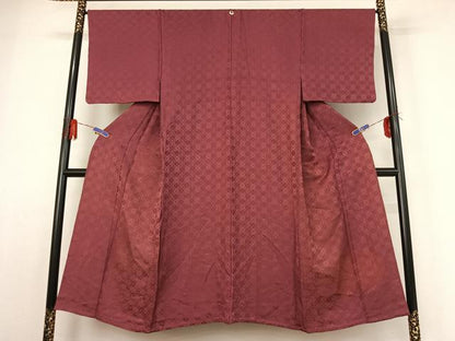 平和屋着物▽男性　色紋付　単衣　花菱地紋　暗紅色　正絹　逸品　AABE1590jh