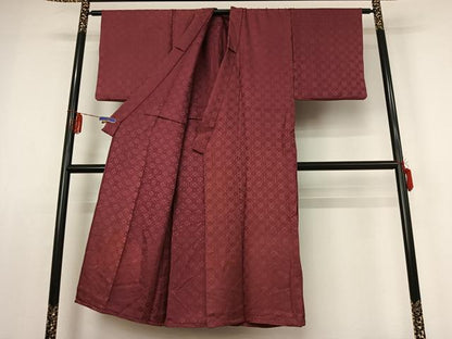 平和屋着物▽男性　色紋付　単衣　花菱地紋　暗紅色　正絹　逸品　AABE1590jh