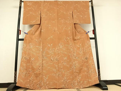 平和屋着物▽訪問着 単衣 笹竹梅文 鬼しぼ縮緬 正絹 逸品 AABE1595jh