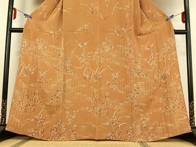 平和屋着物▽訪問着 単衣 笹竹梅文 鬼しぼ縮緬 正絹 逸品 AABE1595jh